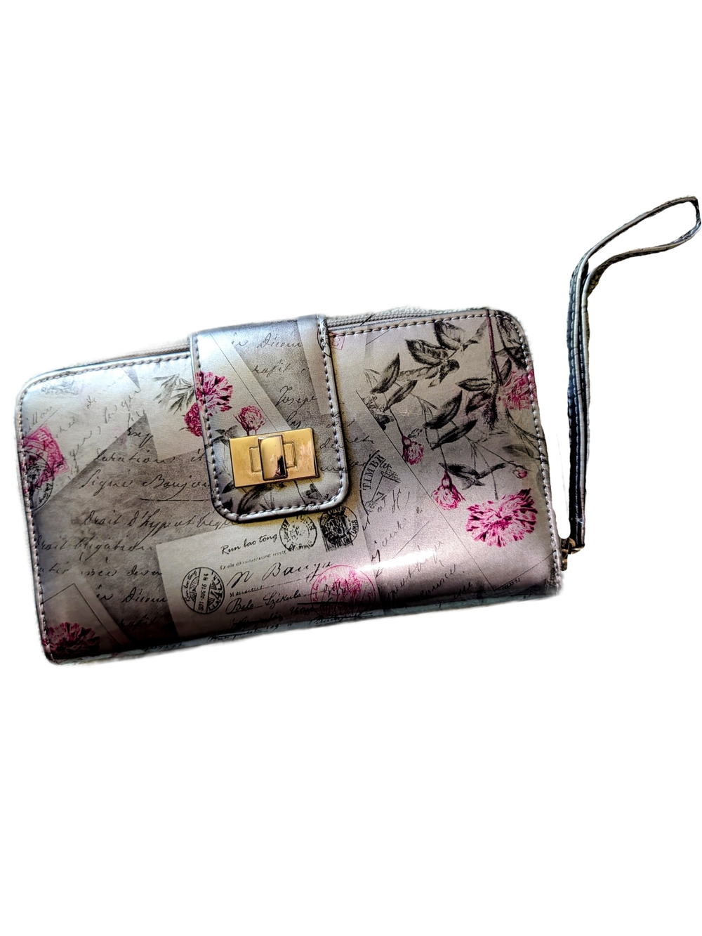Floral Print Wristlet Wallet - Pink on Silver